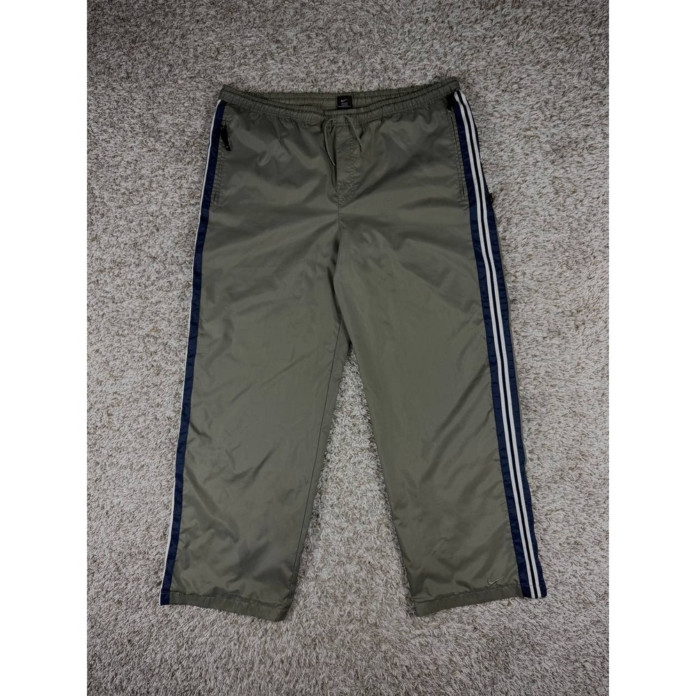 Vintage Nike Windbreaker Nylon Track Pants Olive Green Side Stripe Ankle Zip XL